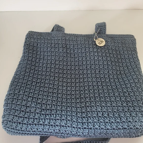The Sak Sky Blue Crocheted Women Knit Handbag Purse Bag Double Handle - Picture 1 of 4